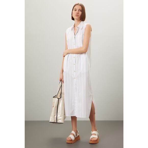 DONNI White Blue Striped Sleeveless Collared Neckline Button Front Dress Size L - Picture 1 of 11